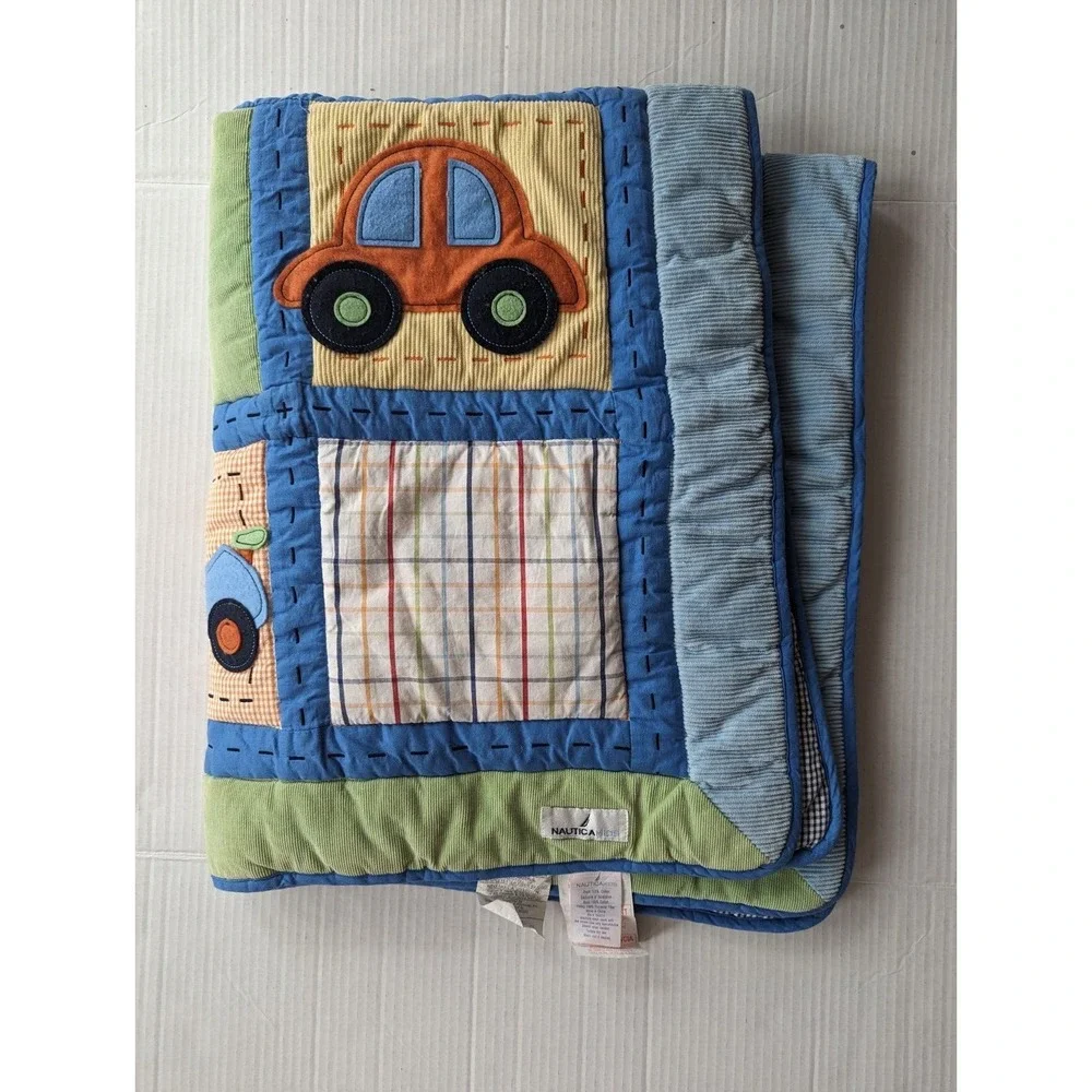 Nautica Kids Nursery Crib Blanket Quilt Patchwork Cars Size 34.25x42.5